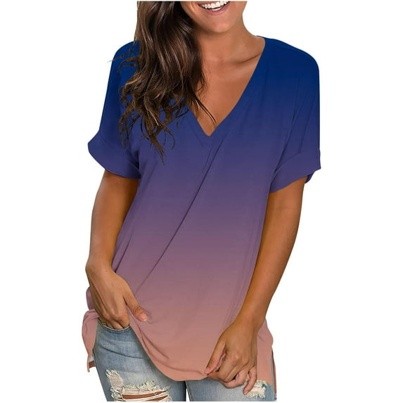 Tdoqot Womens Tops Trendy- V-Neck Summer Casual Loose Fit Short Sleeve T Shirts Dark Blue Size L