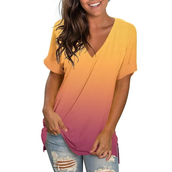 Tdoqot Womens Trendy Gradient Shirts- Short Sleeve V-Neck Casual Summer Loose Fit Tops Blouse Orange Size S