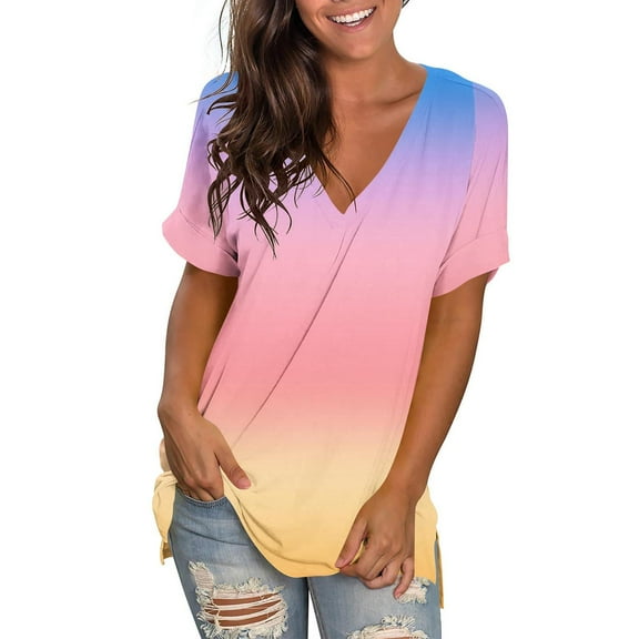 Tdoqot Womens Trendy Gradient Shirts- V-Neck Casual Short Sleeve Summer Loose Fit Tops Blouse Sky Blue Size XL