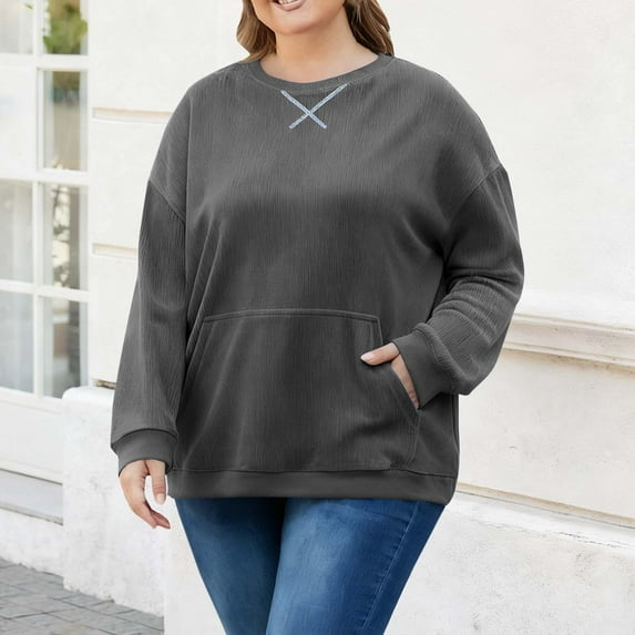 Tdoqot Womens Trendy Plus Size Corduroy Sweatshirts- Long Sleeve Casual Crewneck Fall Pullover Tops Gray Size L