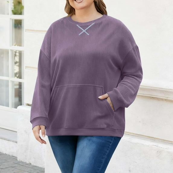 Tdoqot Womens Trendy Plus Size Corduroy Sweatshirts- Long Sleeve Crewneck Casual Fall Pullover Tops Purple Size 4XL