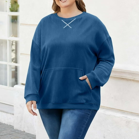Tdoqot Womens Trendy Plus Size Corduroy Sweatshirts- Long Sleeve Fall Casual Crewneck Pullover Tops Blue Size XL-5XL