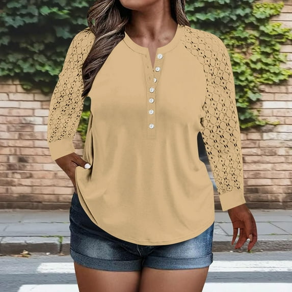 Tdoqot Womens Trendy Plus Size Tops- Casual Crewneck Lace Long Sleeve Pleats Summer Shirts Blouses Khaki Size 2XL