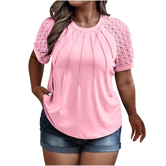 Tdoqot Womens Trendy Plus Size Tops- Casual Crewneck Lace Short Sleeve Pleats Summer Shirts Blouses Pink Size 3XL