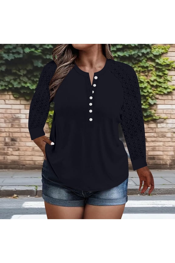 Womens Trendy Plus Size Tops- Crewneck Pleats Lace Long Sleeve Casual Summer Shirts Blouses Purple Size 3XL