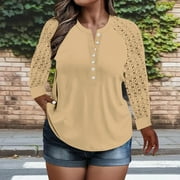 TDOQOT Womens Trendy Plus Size Tops- Lace Long Sleeve Crewneck Casual Pleats Summer Shirts Blouses Khaki Size L-5XL