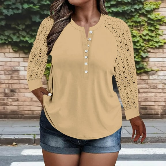 Tdoqot Womens Trendy Plus Size Tops- Lace Long Sleeve Crewneck Casual Pleats Summer Shirts Blouses Khaki Size L-5XL