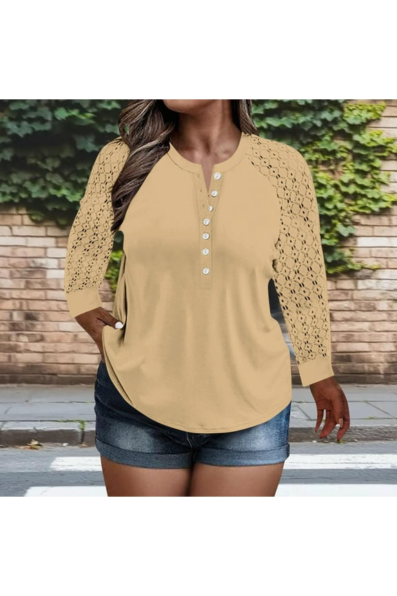 Womens Trendy Plus Size Tops- Lace Long Sleeve Crewneck Casual Pleats Summer Shirts Blouses Khaki Size L-5XL