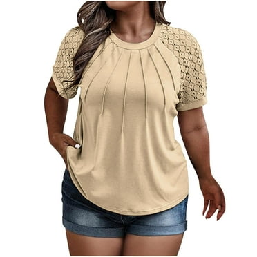 Tdoqot Womens Trendy Plus Size Tops- Lace Short Sleeve Crewneck Casual Pleats Summer Shirts Blouses Khaki Size L-5XL