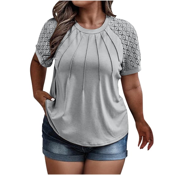 Tdoqot Womens Trendy Plus Size Tops- Pleats Crewneck Casual Lace Short Sleeve Summer Shirts Blouses Gray Size 3XL