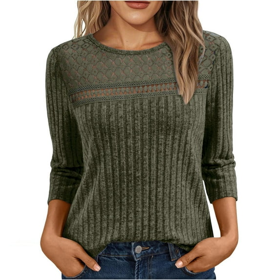 Tdoqot Womens Trendy Ribbed Shirts- Soft Loose Fit 3/4 Sleeve Crewneck Casual Fall Tunic Tops Army Green Size L