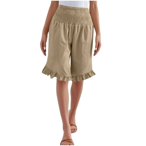 Tdoqot Womens Trendy Ruffle Shorts- Casual Summer Baggy Elastic Waist Vacation Beach Shorts Khaki Size S