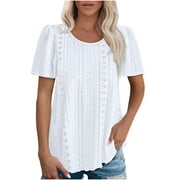 TDOQOT Womens Trendy T Shirts 2025- Loose Fit Short Sleeve Casual Crewneck Eyelet Summer Tops White Size S-2XL