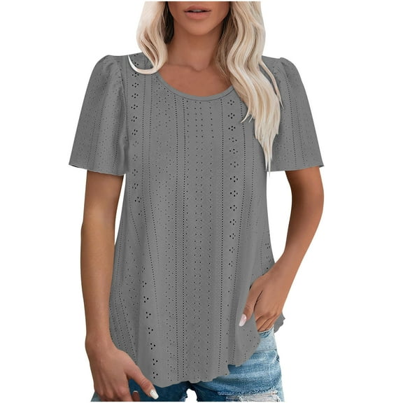 Tdoqot Womens Trendy T Shirts 2025- Short Sleeve Casual Loose Fit Crewneck Eyelet Summer Tops Gray Size L