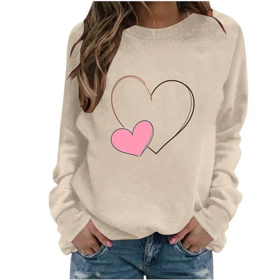 Tdoqot Womens Valentines Shirts- Heart Print Long Sleeve Casual Cute Pullover Sweatshirt Tops Khaki Size XL
