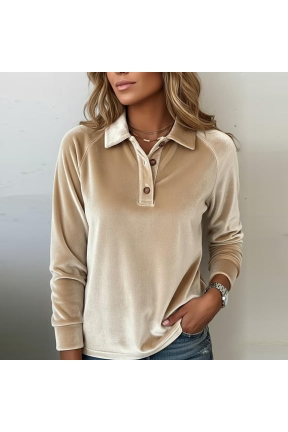 Womens Velvet Polo Shirts Dressy Casual- Long Sleeve Elegant Soft Spring Business Tops Khaki Size XL