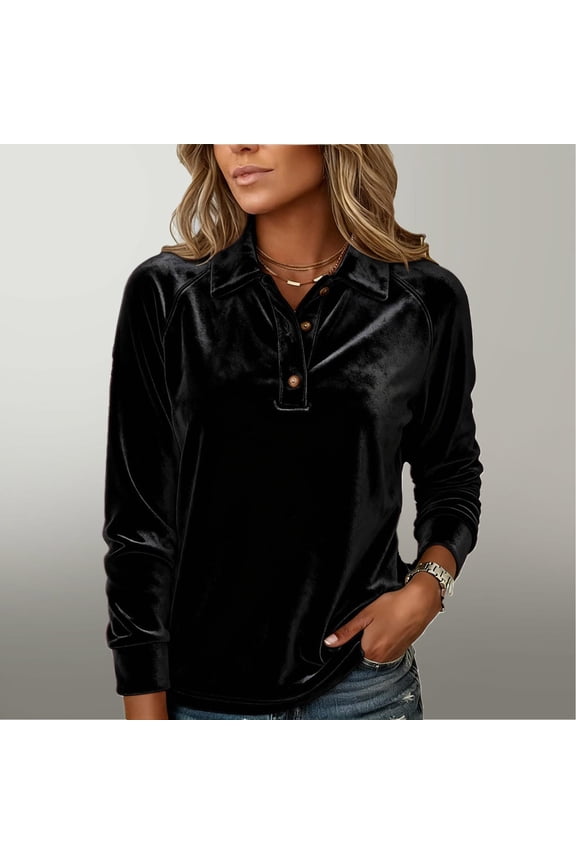Womens Velvet Polo Shirts Dressy Casual- Soft Long Sleeve Elegant Spring Business Tops Black Size 2XL