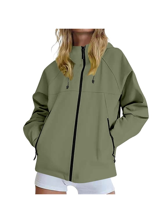 Womens Waterproof Windbreaker with Hood- Full Zip Fashion Casual Loose Lightweight Fall Outdoor Hiking Jackets Army Green Size S