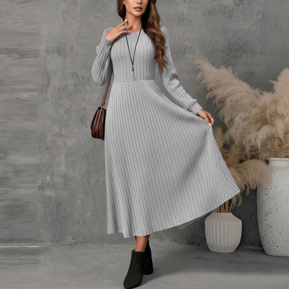 Tdoqot Womens Wedding Guest Dresses- Casual Crewneck Ribbed Knit Long Sleeve Elegant Spring Maxi Dresses Gray Size 2XL