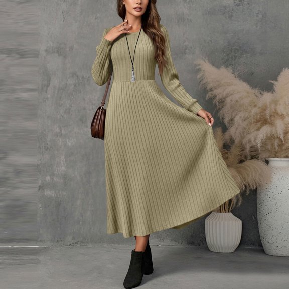 Tdoqot Womens Wedding Guest Dresses- Long Sleeve Elegant Casual Crewneck Ribbed Knit Spring Maxi Dresses Khaki Size XL