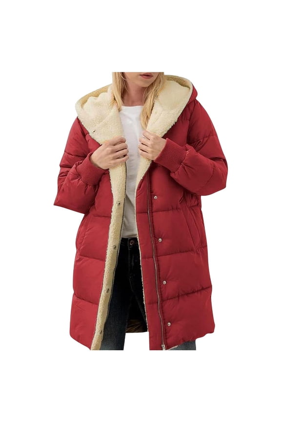 Womens Winter Long Coats with Hood- Windproof Warm Full Zip Casual Sherpa Lined Puff Jacket Parkas Red Size L