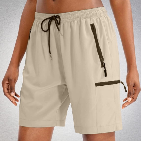 Tdoqot Womens Workout Shorts with Side Pockets- Summer Drawstring Quick-Dry Casual Bermuda Athletic Running Shorts Khaki Size L