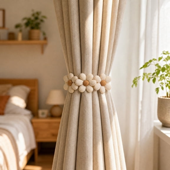 Tdxkok 2 Pack 3D Fabric Daisy Curtain Tiebacks Adjustable Button Closure Floral Drape Holdbacks Soft Flower Window Straps Boho Farmhouse Decor for Bedroom Sheer Curtains White