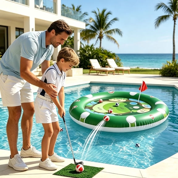 Tdxkok 2-in-1 Inflatable Pool Golf Game Set with Floating Target Island, Family Water Toy for Backyard Beach Lake Parties, Includes Club, Balls & Mesh Bag