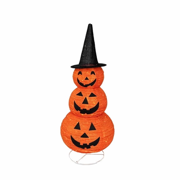 Tdxkok 3-Tier LED Light Up Stacked Pumpkin Tower with Witch Hat Freestanding Jack O Lantern Decor Waterproof Ornament for Front Porch Yard Indoor Halloween Holiday Party Scene