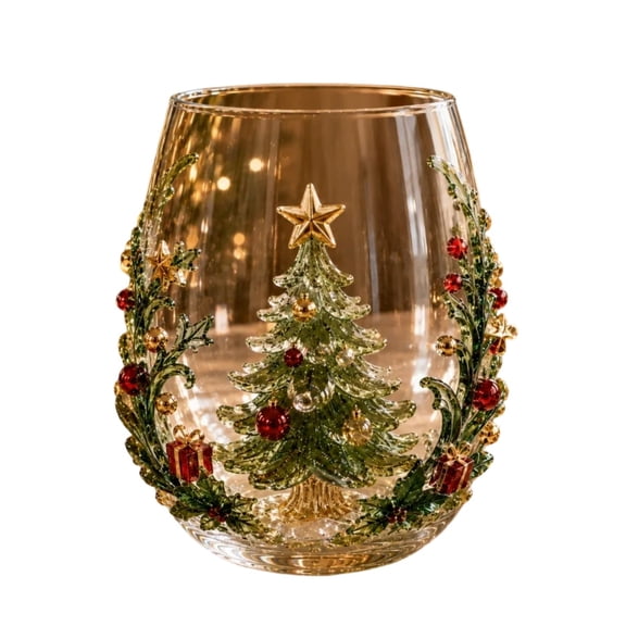 Tdxkok 3D Embossed Christmas Stemless Wine Glass,Clear Decorative Drinking Cup and Candle Holder for Xmas Home Party Decor and Holiday Tableware 6.30*5.12IN