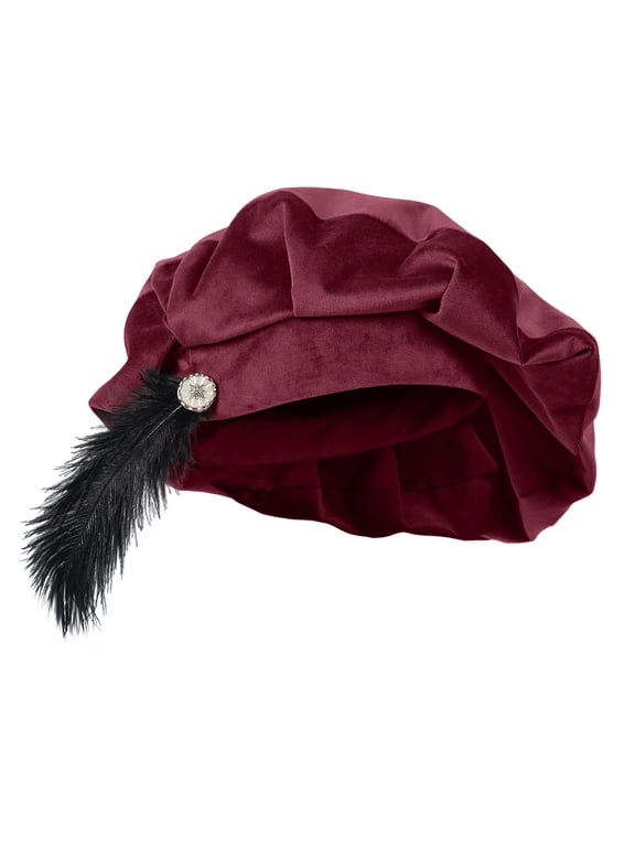 Feather Decor Medieval Tudor Muffin Top Flat Hat Vintage Costume Headwear for Renaissance themed Party Cosplay Activity