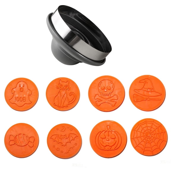 Tdxkok Halloween Cookie Stamp Set 8 Interchangeable Embosser Discs with Handle for Biscuits Fondant Cookie Decorating Baking K