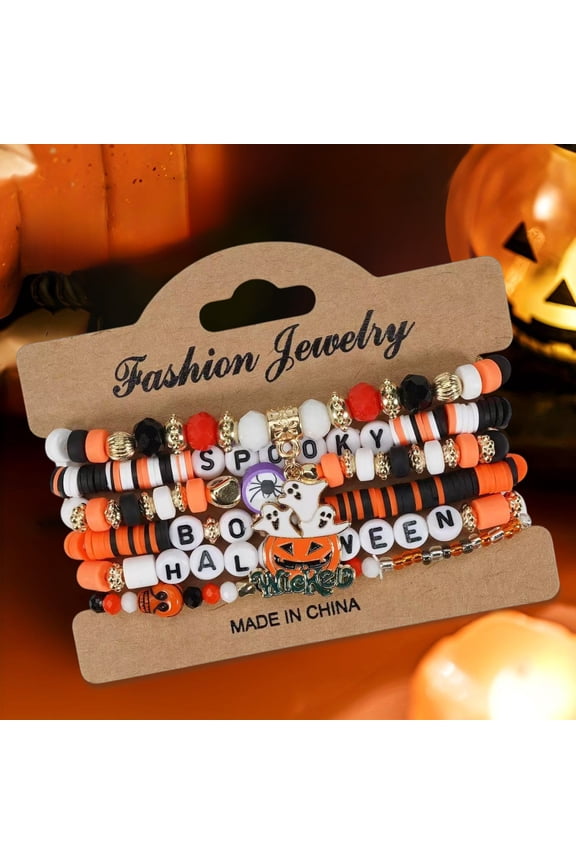 Halloween Layered Beaded Bracelets Set,Gothic Ghost Pumpkin Spider Stackable Jewelry,Halloween Party Accessory Gift for Women or Teens