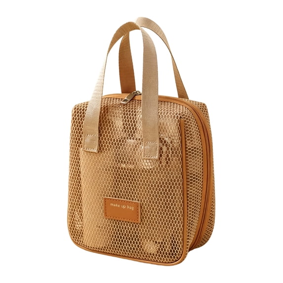 Tdxkok Portable Large Capacity Mesh Makeup Bag Travel Toiletry Storage Organizer Pouch Brown