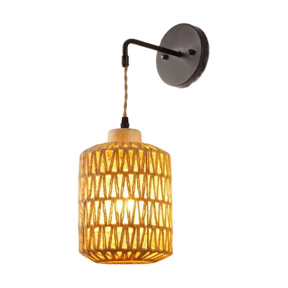 Tdxkok Rattan Woven Wall Sconce Wood Base Hemp Rope Wall Light Bulb Decorative Home Ambient Lighting Rustic Wall Lamp