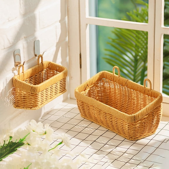 Tdxkok Small Hanging Rattan Look Storage Basket, Wall Mount Woven Bin, Suspended Organizer for Bathroom Kitchen Entryway Household Sundries Size S