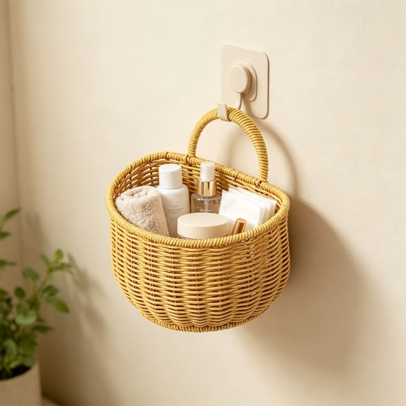 Tdxkok Small Hanging Rattan Look Storage Basket, Wall Mount Woven Bin, Suspended Organizer for Bathroom Kitchen Entryway Household Sundries Size S