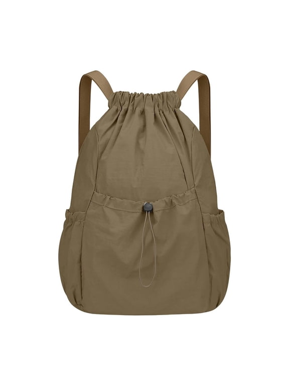 Solid Color Drawstring Backpack Foldable Woven Fabric Carry Bag Large Capacity Adjustable Strap Pack for Outdoor School Travel Daily Use Brown