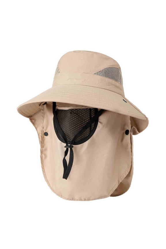 Unisex Solid Fishing Hat,Fisherman Bucket Cap,Outdoor Hiking Sun Visor Hat with Adjustable Strap,Face Cover UV Protection Headwear for Camping Beach Angling Khaki