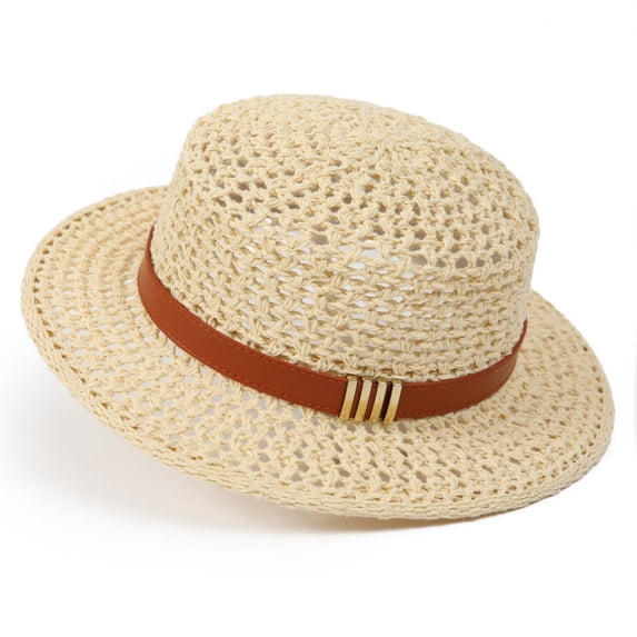 Tdxkok Women Hollow Woven Flat Top Straw Sun Hat French Retro Style Light UV Protection Headwear for Summer Beach Vacation Outdoor Travel