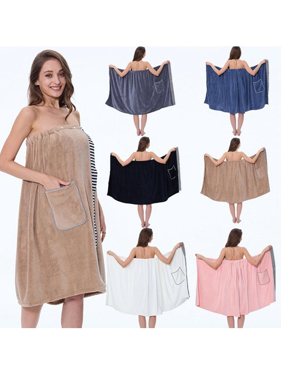 Women's Adjustable Wearable Bath Towel Wrap Coral Fleece Bath Skirt with Pocket Anti-Slip Button Plus Size Bathrobe Beach Cover Up