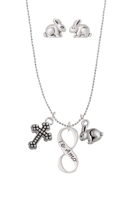 Te Amo Infinity Sign Silver Tone Cross and Bunny Necklace and Earrings Set