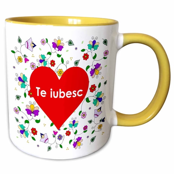 3drose, Te Iubesc - I Love You in Romanian - Floral Romania Red Heart Flowers, 15oz Two-tone Yellow Mug