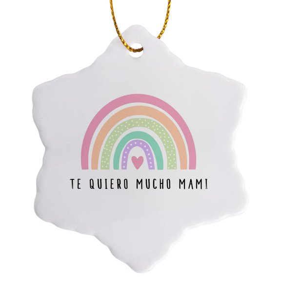3drose, Te Quiero Mucho Mami - I Love You So Much - Spanish Love Cute Rainbow, 3 inch Snowflake Porcelain Ornament