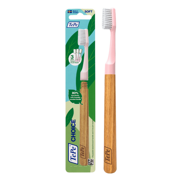 TePe Choice Soft Bristles Toothbrush, Dental Toothbrush with 3 Replaceable Toothbrush Heads, Pink