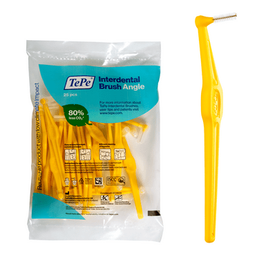 TePe Interdental Brush Angle, Angled Dental Brush for Teeth Cleaning, Pack of 25, 0.7 mm, Medium Gaps, Yellow, Size 4