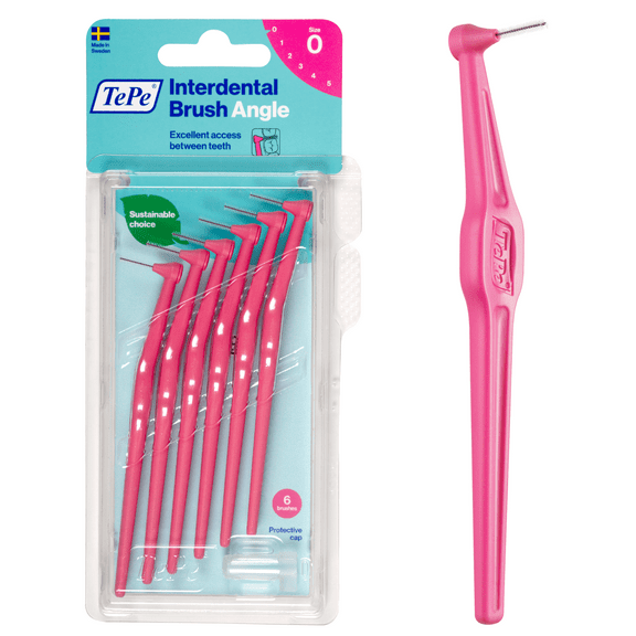 TePe Interdental Brush Angle, Angled Dental Brush for Teeth Cleaning, Pack of 6, 0.4 mm, Extra-Small/Small Gaps, Pink, Size 0