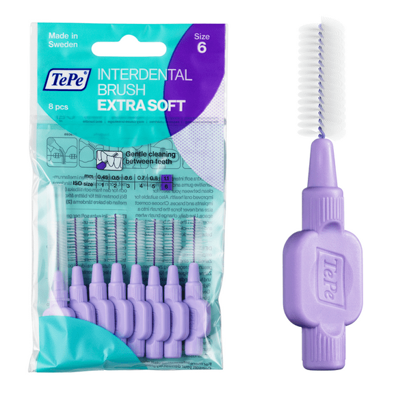 TePe Interdental Brush Extra Soft, Supersoft Dental Brush for Teeth Cleaning, Pack of 8, 1.1 mm, Large Gaps, Purple, Size 6