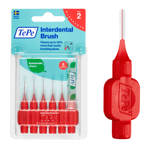 TePe Interdental Brush Original, Soft Dental Brush for Teeth Cleaning, Pack of 6, 0.5 mm, Extra-Small/Small Gaps, Red, Size 2