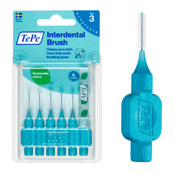 TePe Interdental Brush Original, Soft Dental Brush for Teeth Cleaning, Pack of 6, 0.6 mm, Medium Gaps, Blue, Size 3